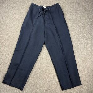 Vintage Avenue Womens Navy Blue Linen Blend Wide Leg Size 14 Pants Button Fly